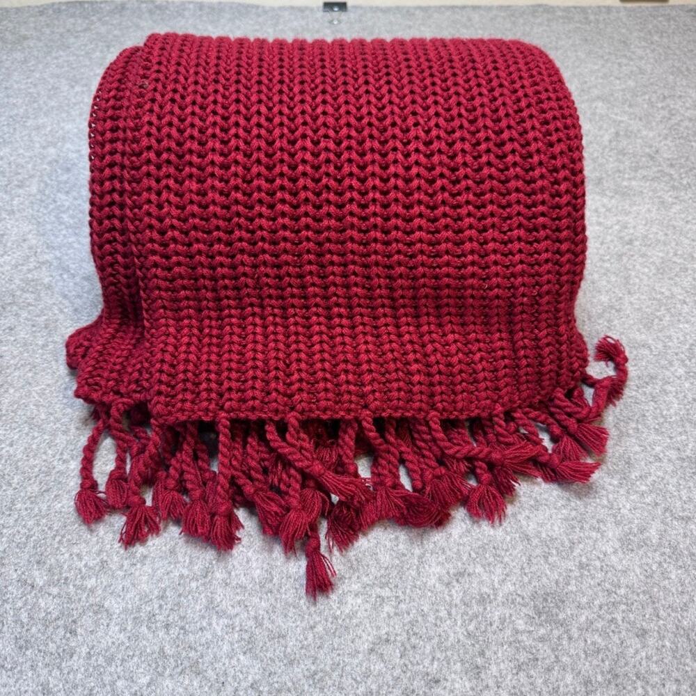 Pottery Barn Red Textured Knit Throw Blanket Fringe Tassels 60x60 Soft Cozy